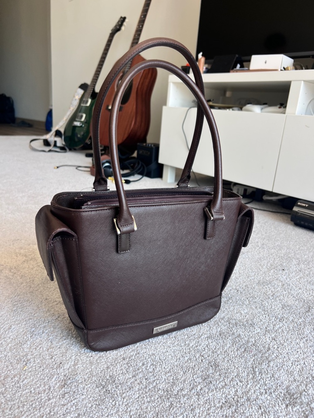 SALE! Burberry Nova Check Saffiano Leather Trapeze Tote Bag Dark Brown dust bag - Picture 11 of 15